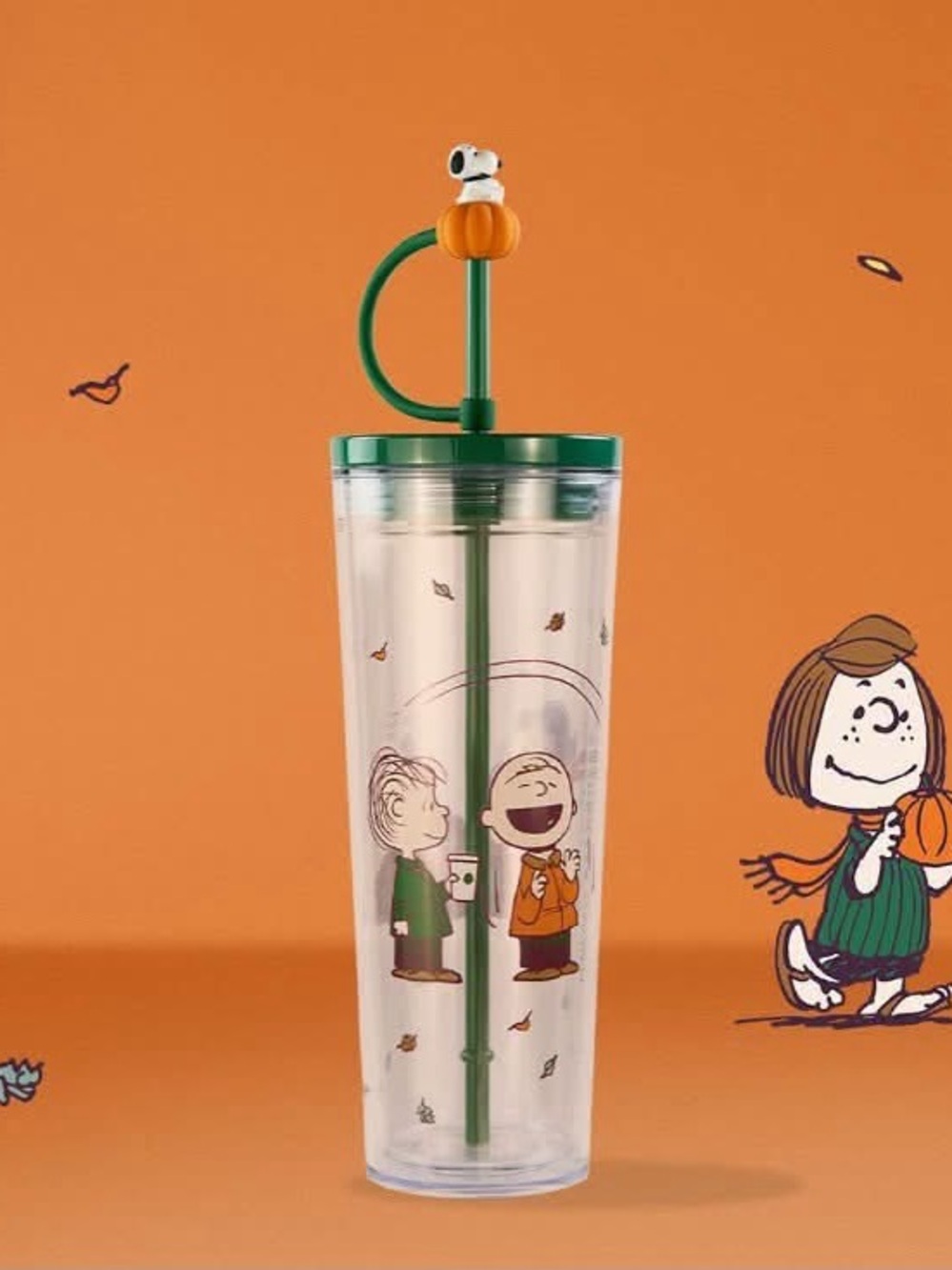 Starbucks Green Peanuts Halloween Tumbler with Pumpkin Top Straw